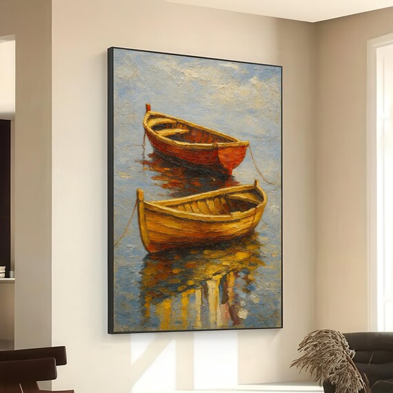 Two Wooden Rowboats On Calm Water Reflection Impressionist Nautical Wall Art
