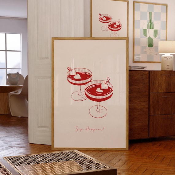 Romantic Cocktail Print Minimalist Illustration Vintage Coupe Glass Art Funny Bar Decor Cart
