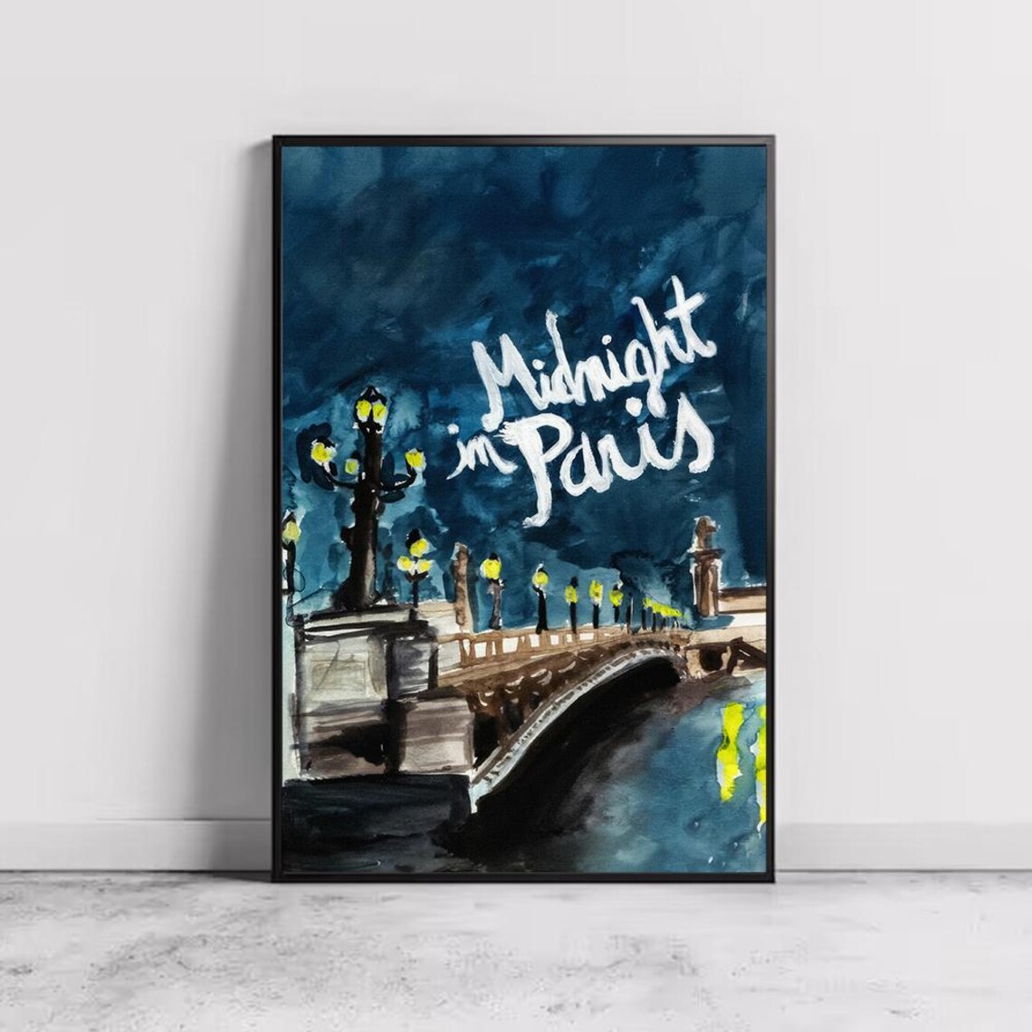 Midnight In Paris Movie Night Bridge Watercolor Painting Poster