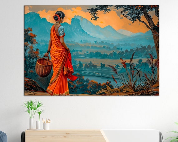 Indian Landscape Print Woman Art Indian Style Decor Indian Folk Landscape Woman In Saree Wall Art Girl Artwork Print
