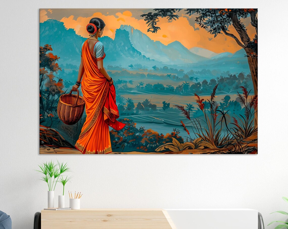 Indian Landscape Print Woman Art Indian Style Decor Indian Folk Landscape Woman In Saree Wall Art Girl Artwork Print