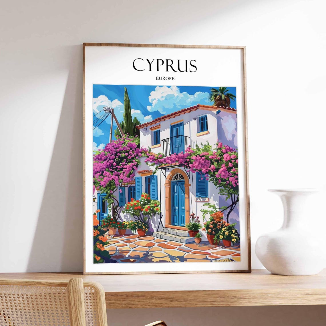 Cyprus Europe Sunny Whitewashed Villa Bougainvillea Travel Poster