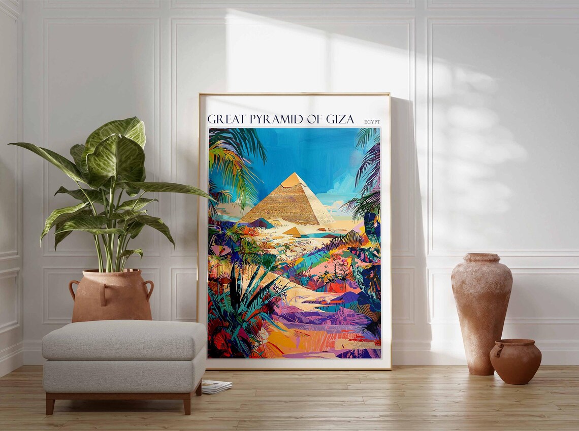 Great Pyramid of Giza Egypt Tropical Foliage Scene Artwork Poster - Image 2