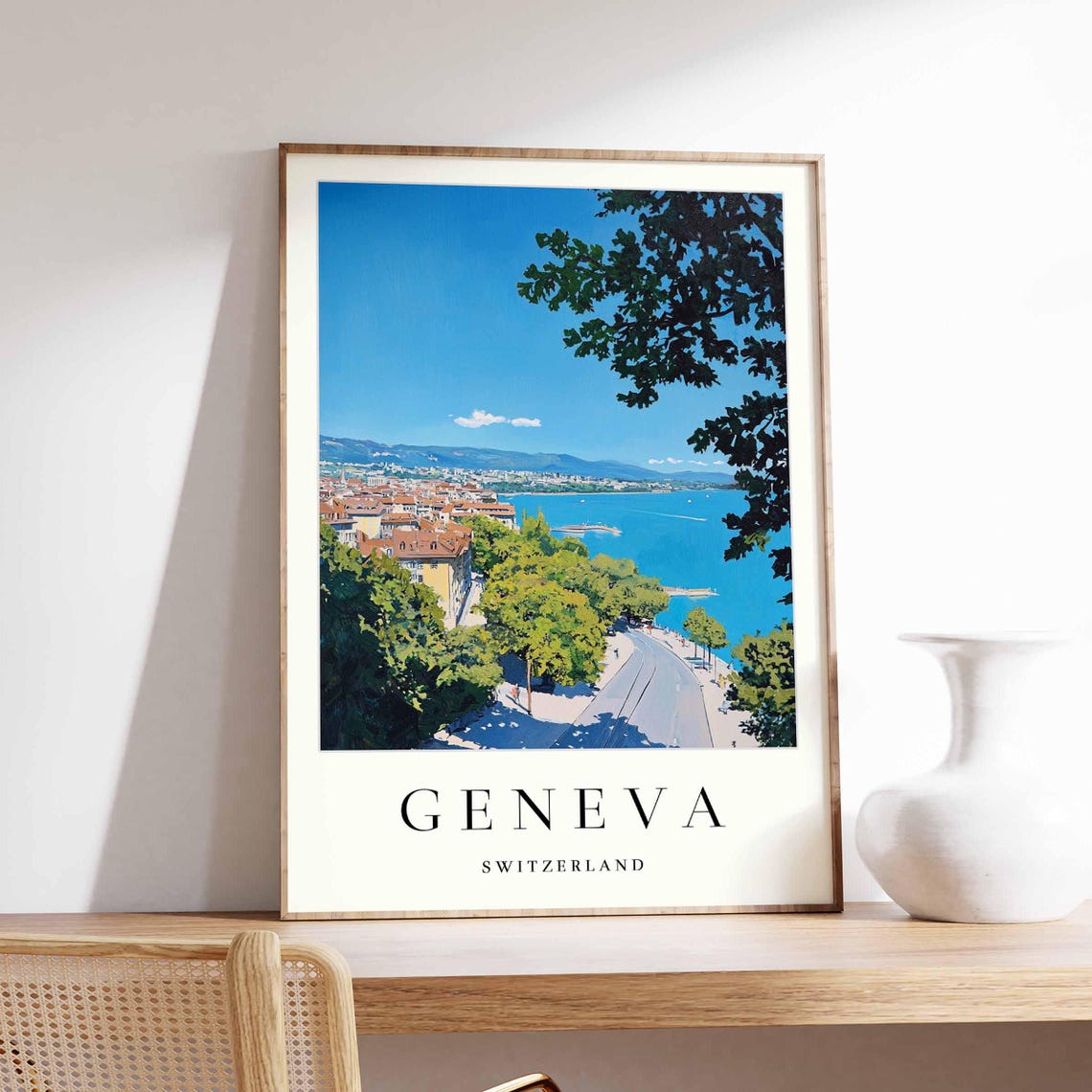 Geneva Panoramic Lake View Old Town Rooftops Switzerland Travel Poster