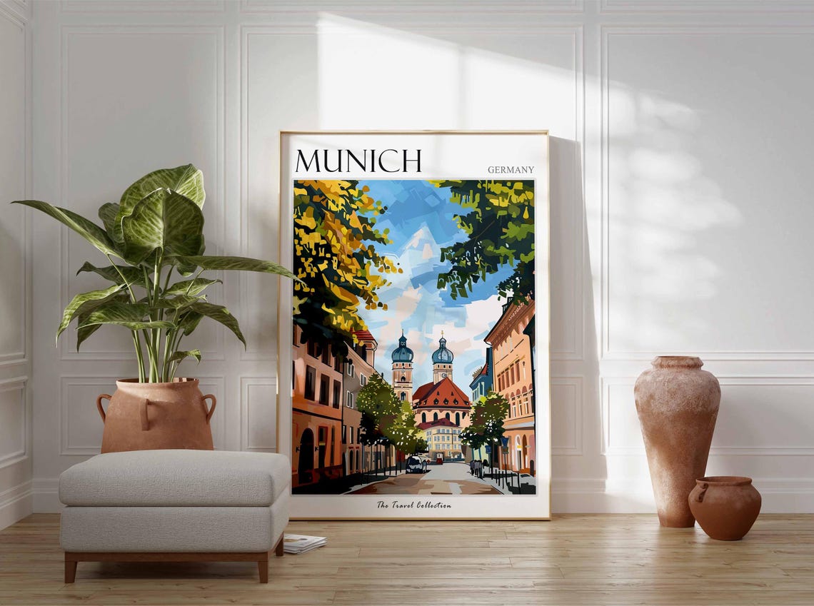 Munich Germany Twin Dome Church Tree Lined Street Illustration Poster - Image 3