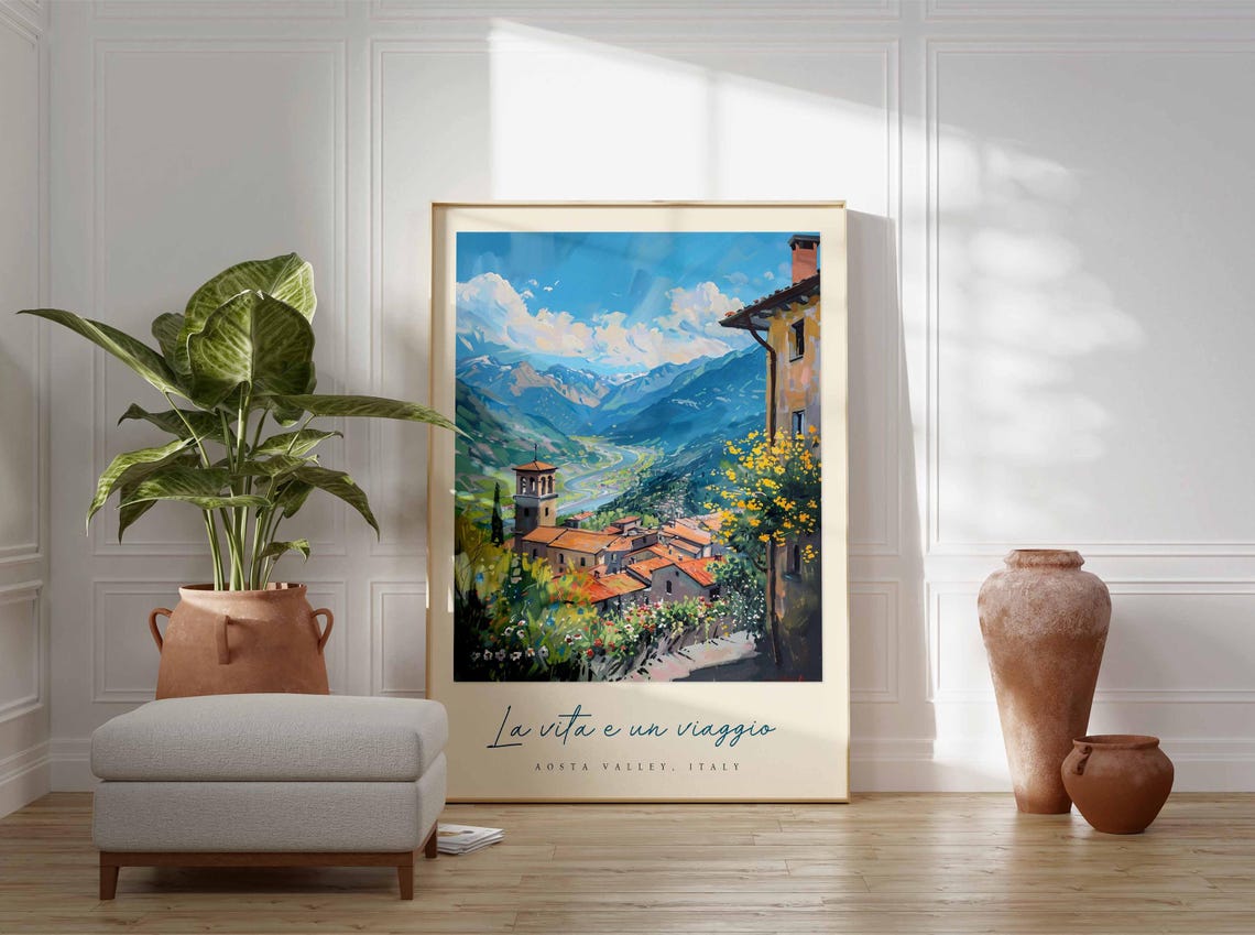 Aosta Valley Village Bell Tower Wide Valley Blue Peaks Poster - Image 3
