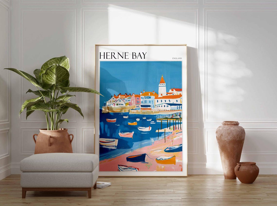 Herne Bay England Clock Tower Pier Rowboats Pink Sand Poster - Image 3