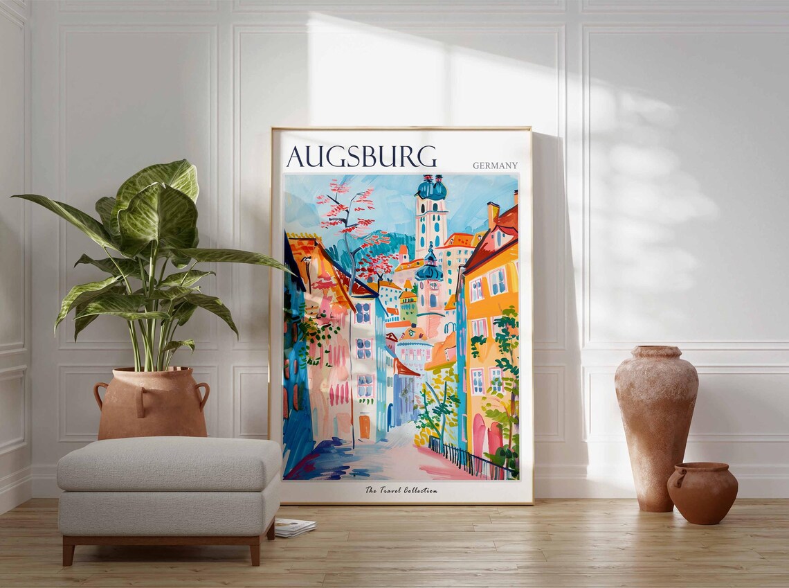 Augsburg Germany Old Town Street Church Towers Painting Poster - Image 2