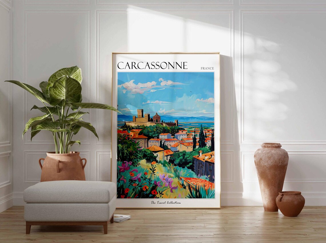 Carcassonne France Castle Hill Wildflowers Town Painted Travel Poster - Image 3