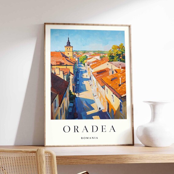 Oradea Romania Old Town Rooftops Church Spire Painting Poster
