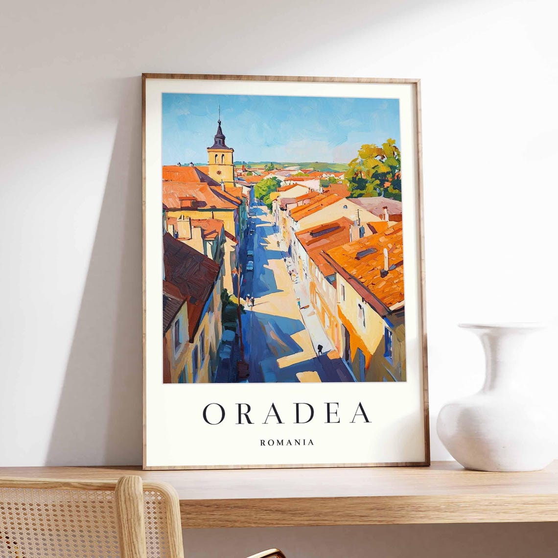 Oradea Romania Old Town Rooftops Church Spire Painting Poster