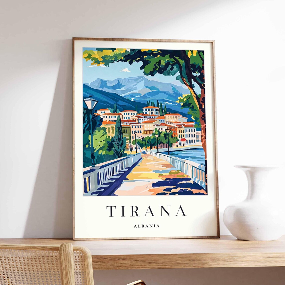 Tirana Albania Riverside Bridge Walkway Mountain Town View Poster