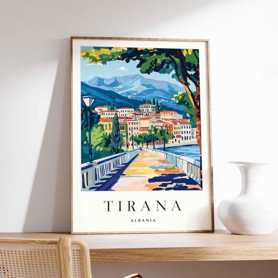 Tirana Albania Riverside Bridge Walkway Mountain Town View Poster