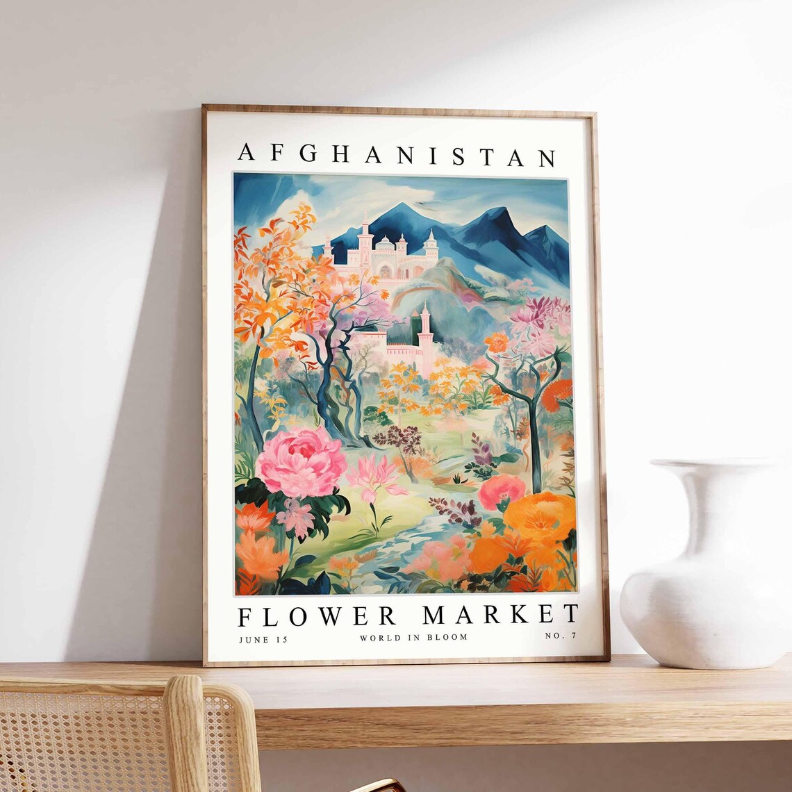 Afghanistan Flower Market Garden Blooms Temple Mountains Poster
