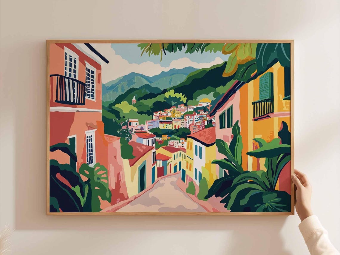 Colorful Hillside Town Street Tropical Plants Naive Art Poster