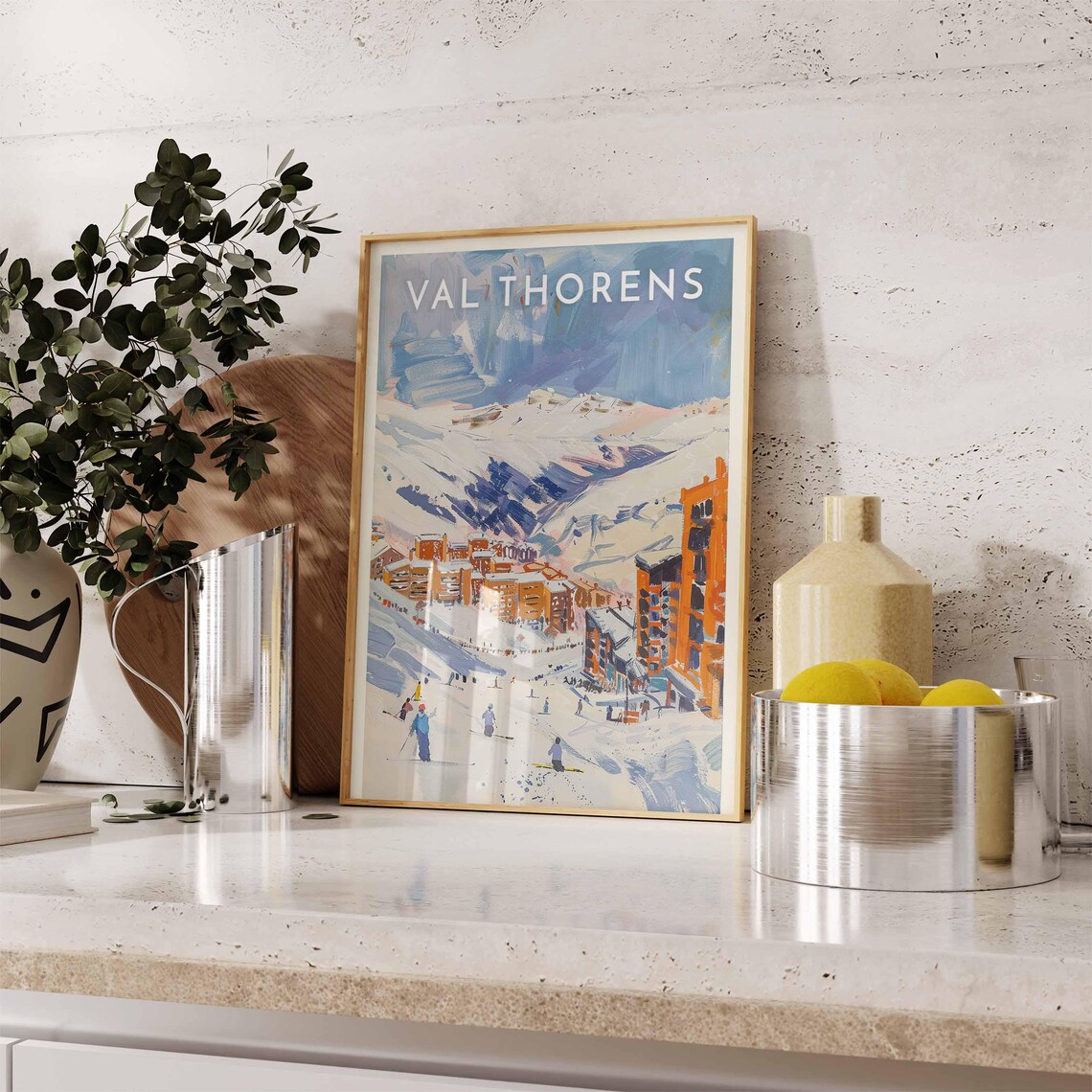 Val Thorens France Skiers Pastel Village Slopes Brushwork Poster - Image 2