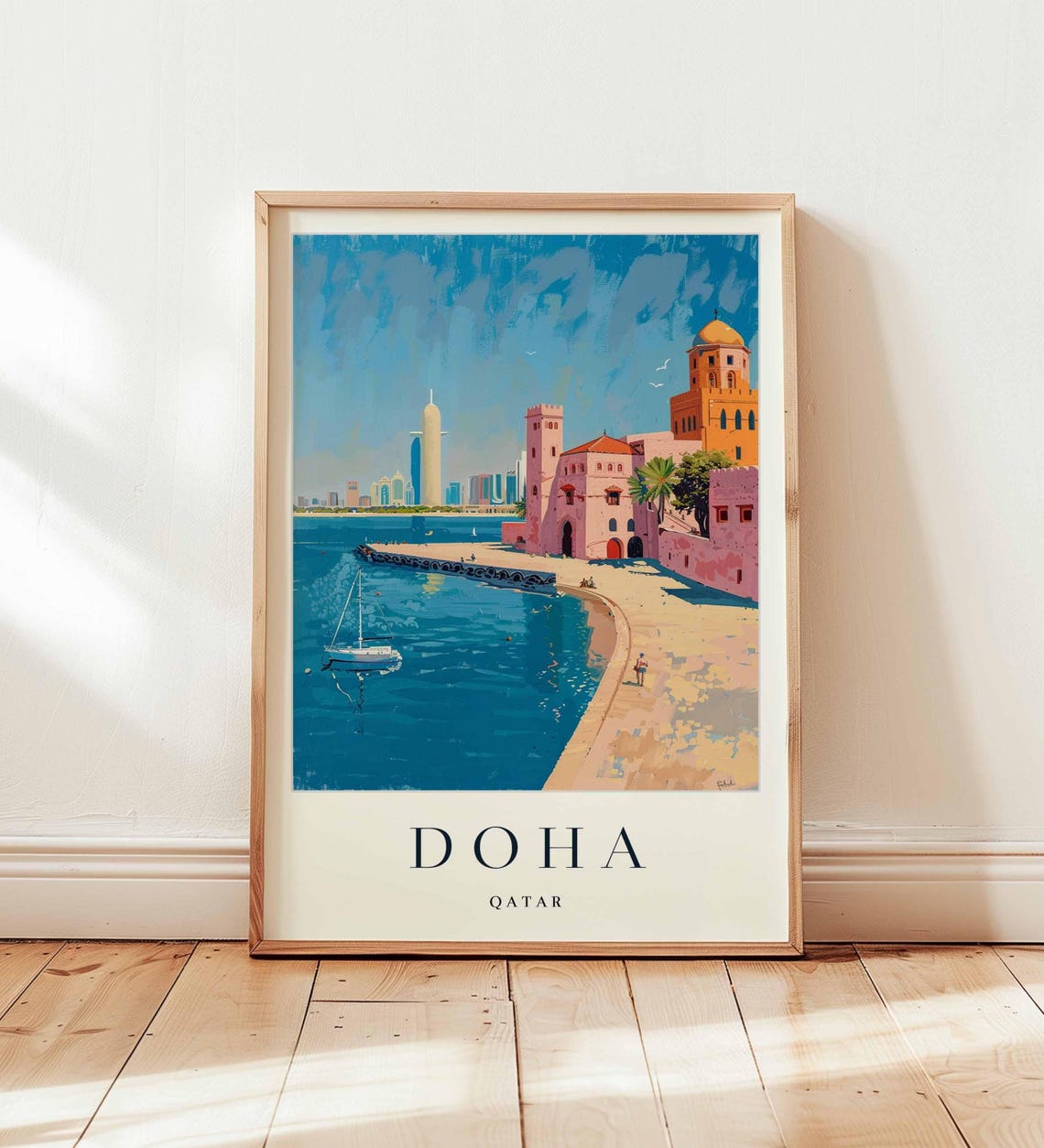 Doha Qatar Old Town Fort Waterfront Classic Vintage Travel Poster