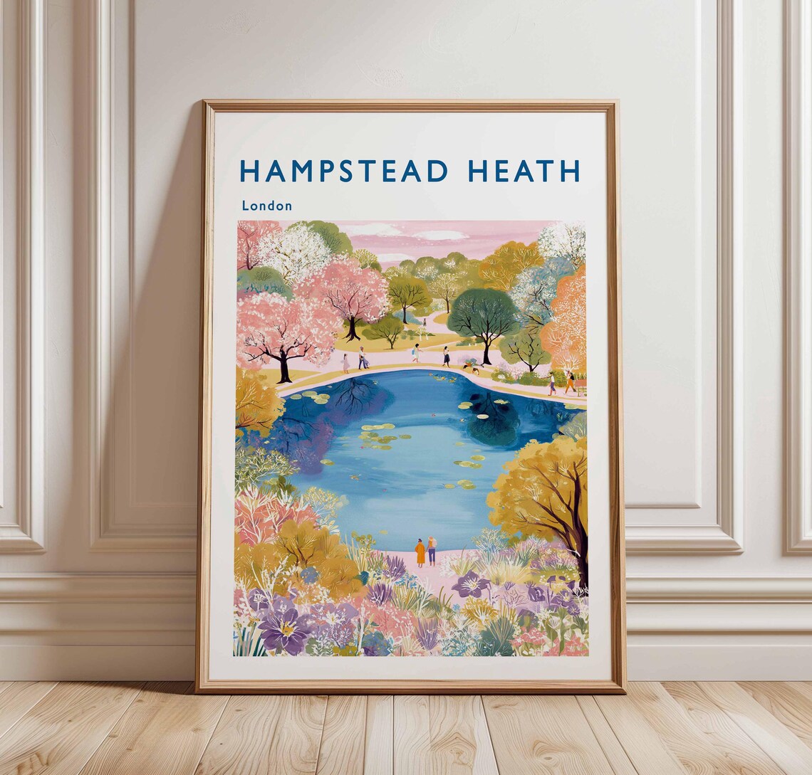 Hampstead Heath London Travel Poster Lily Pond Blossom Trees Artwork