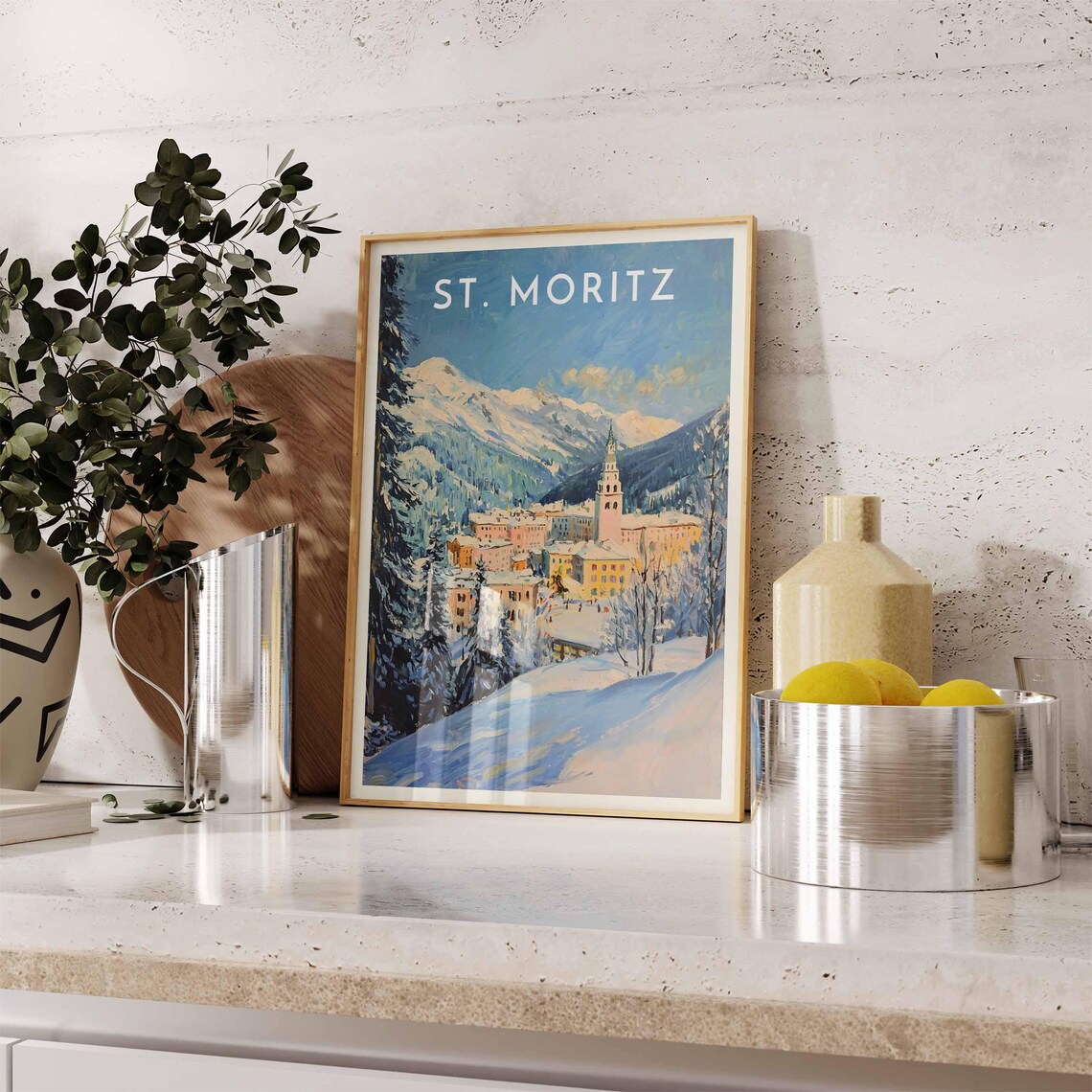 St. Moritz Switzerland Watercolor Church Tower View Alpine Poster - Image 2