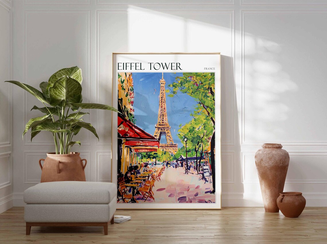 Eiffel Tower France Travel Poster Street Cafe Red Awning Painting - Image 2