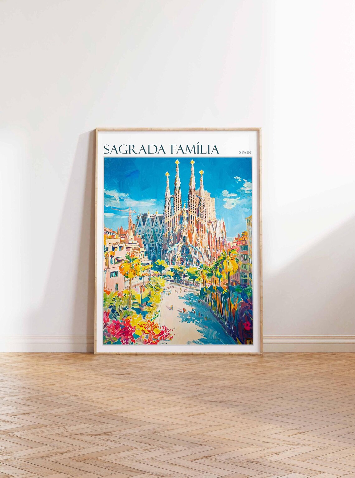 Sagrada Familia Barcelona Palm Plaza Bright Day Spain Travel Poster - Image 2