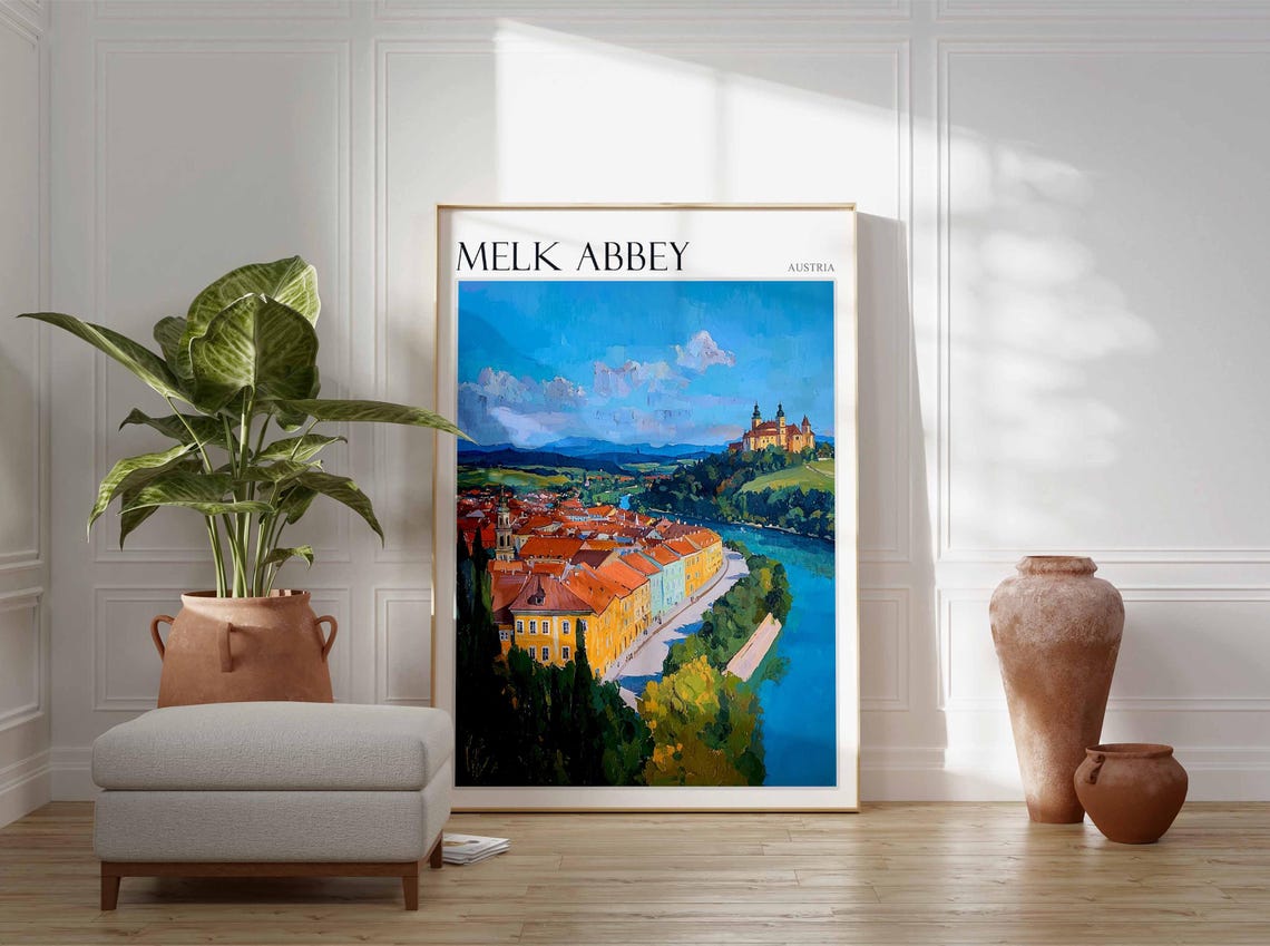 Melk Abbey Austria Danube Bend with Cypress Trees Travel Poster - Image 3
