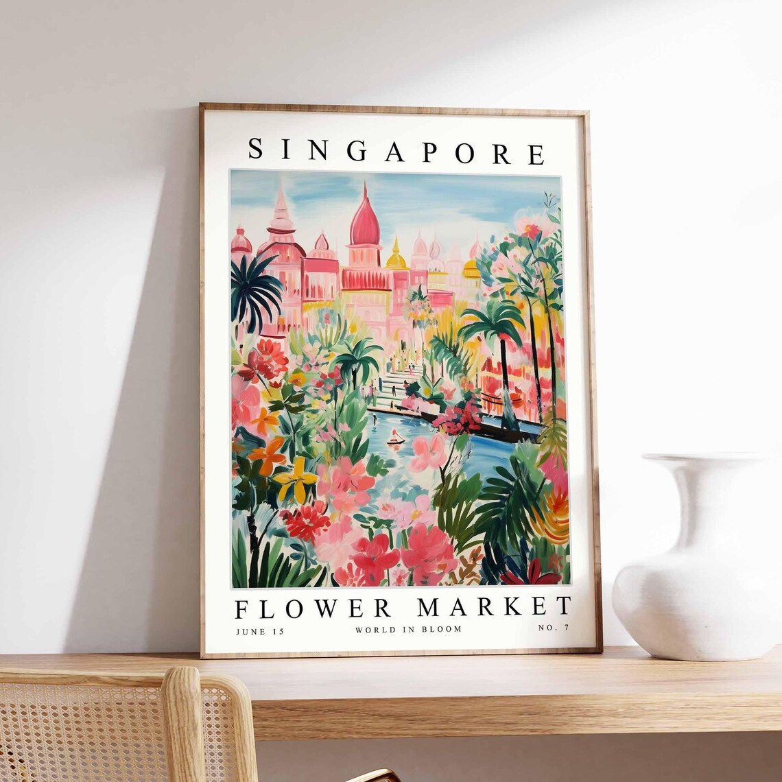 Singapore Flower Market Pink Domed Palace Palms River Bloom Poster