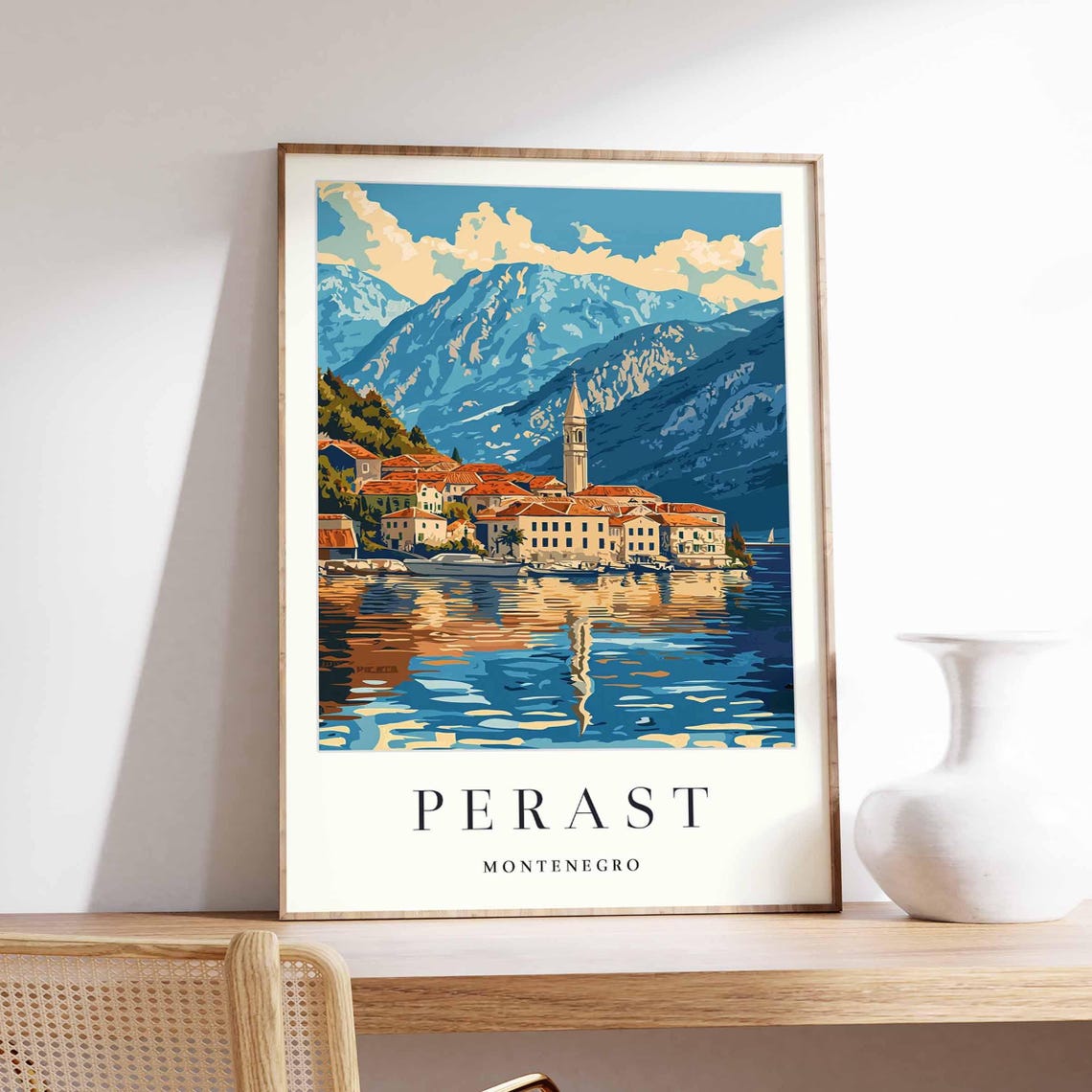 Perast Montenegro Travel Poster Bay of Kotor Mountains Vintage Scene