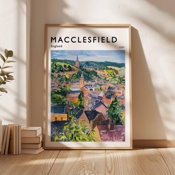Macclesfield England 1989 Hill Town Church Spire Green Hills Travel Poster