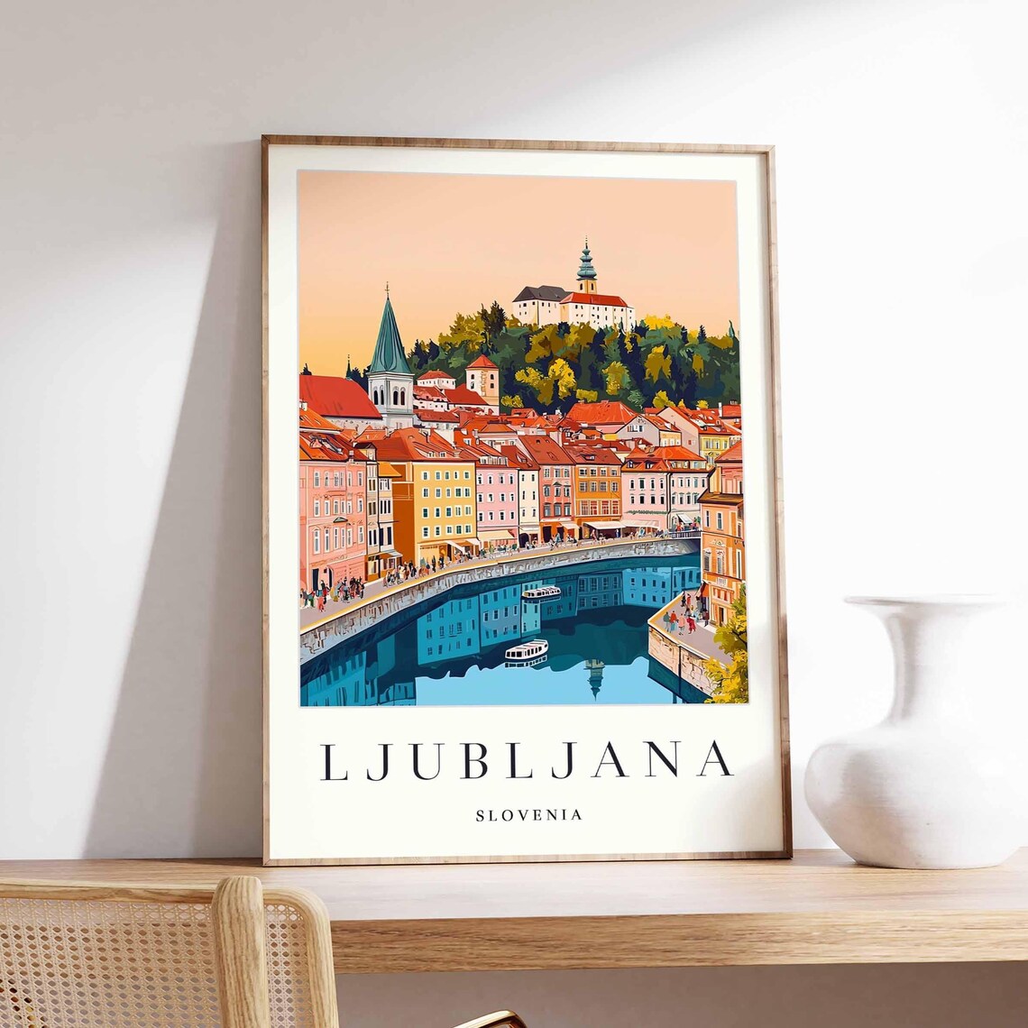 Ljubljana Slovenia Riverfront Castle Sunset Colors Art Poster