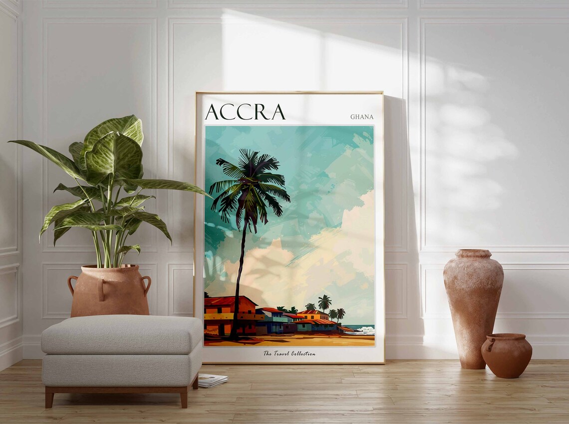 Accra Ghana Travel Poster Palm Tree Beach Town Vibrant Scene - Image 2
