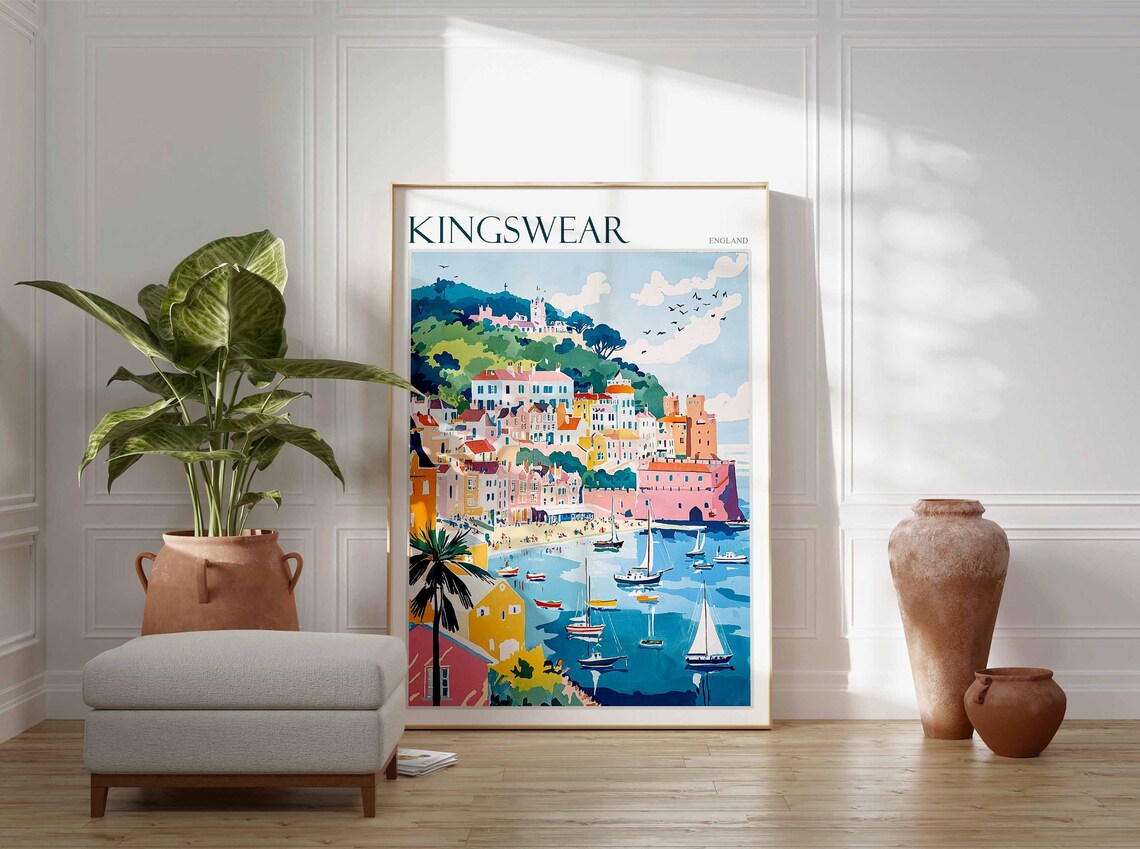 Kingswear England Hilltop Castle Harbor Boats Panorama View Poster - Image 3