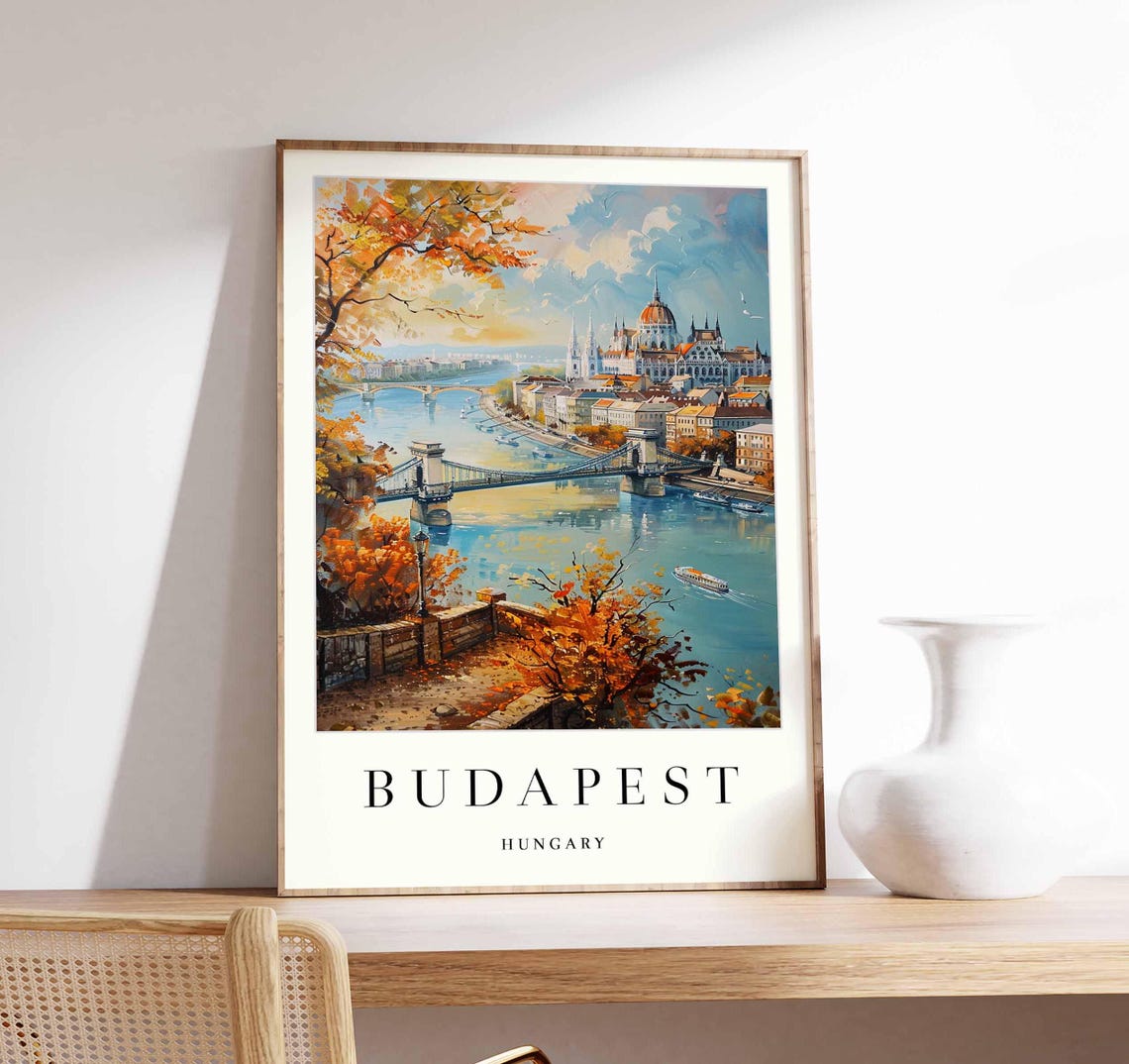 Budapest Parliament Chain Bridge Autumn Hillside View Poster