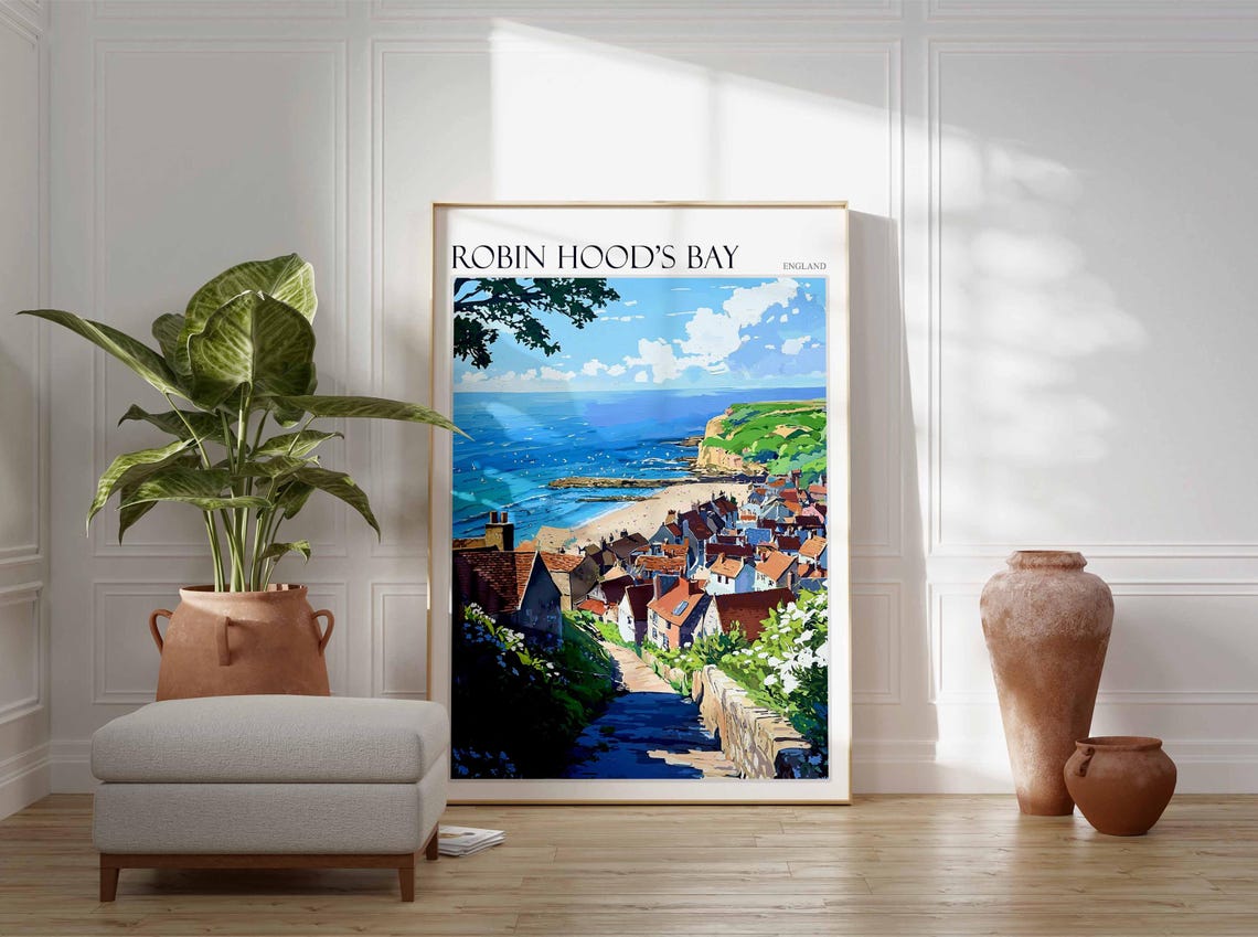 Robin Hood's Bay England Retro Garden Lane Steps Illustration Poster - Image 4