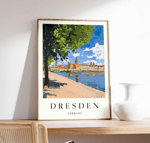 Dresden Germany Leafy Tree Framed Summer Skyline River View Poster