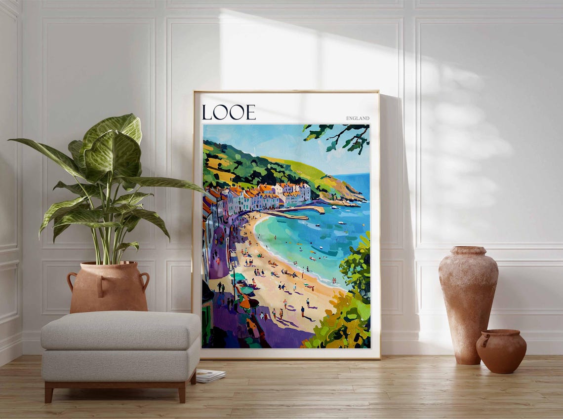 Looe England Aerial Beach Crowded Promenade Green Hillside View Poster - Image 3
