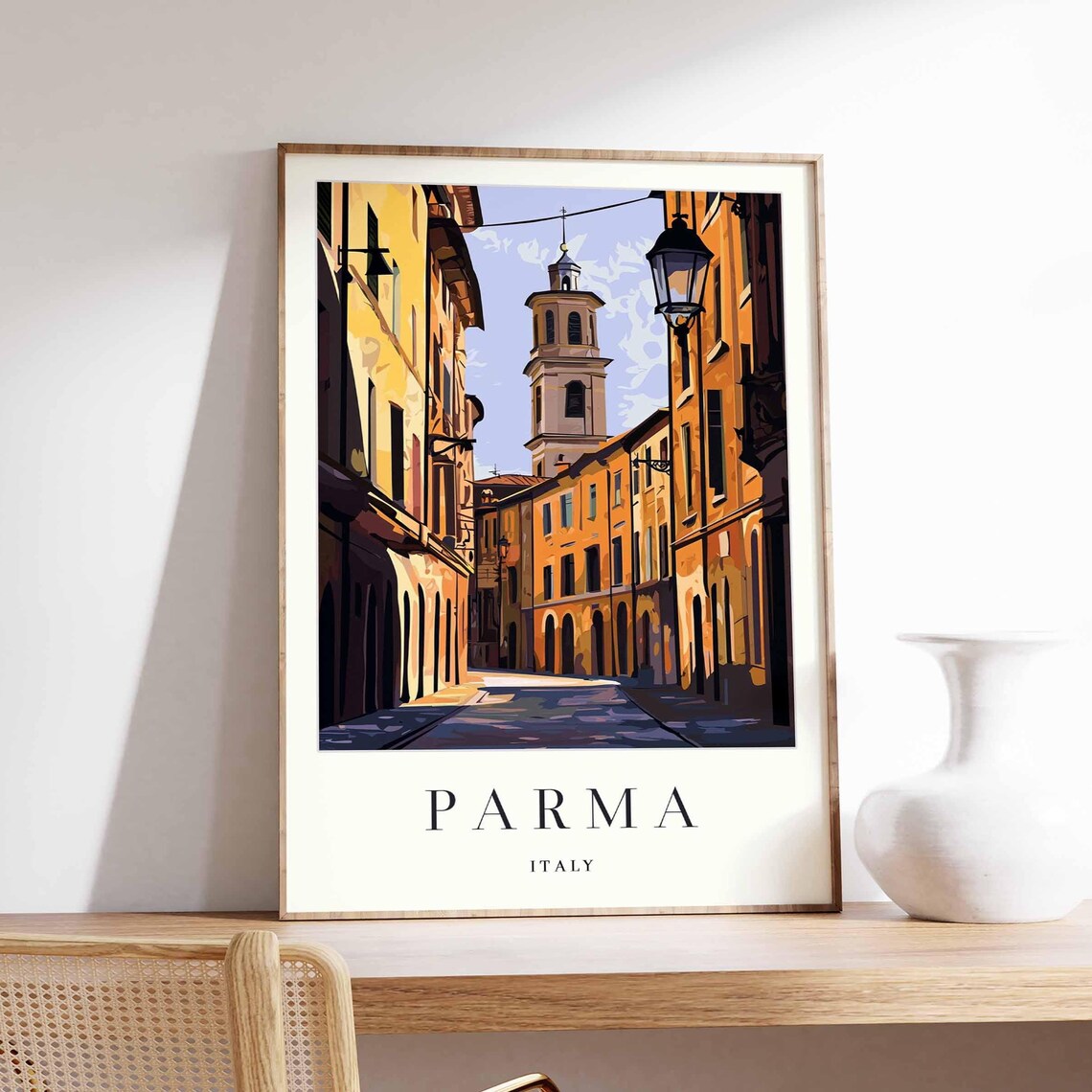 Parma Italy Historic Old Street Bell Tower Vintage Travel Poster