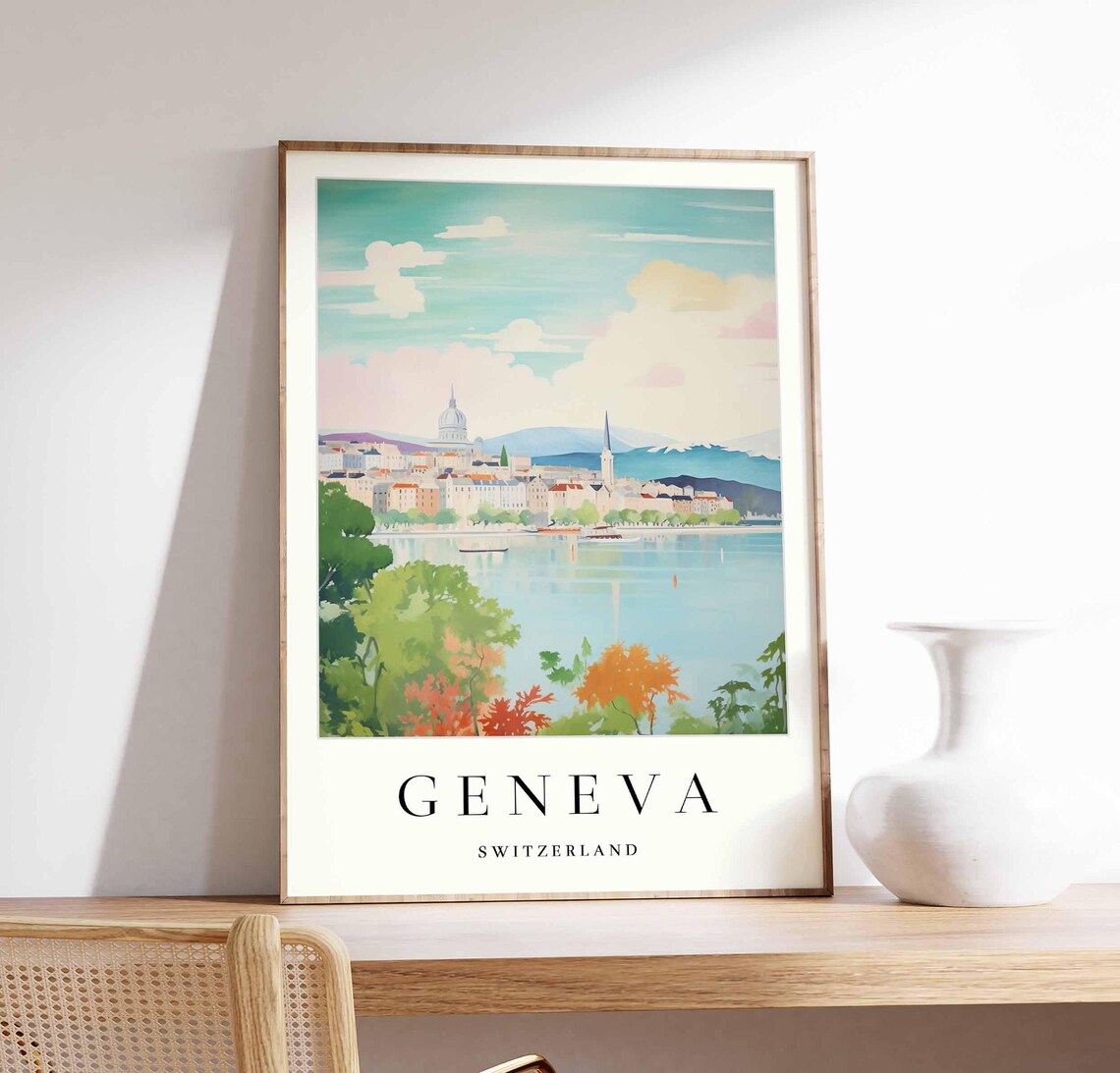 Geneva Switzerland Panoramic Lake And City Skyline Art Poster