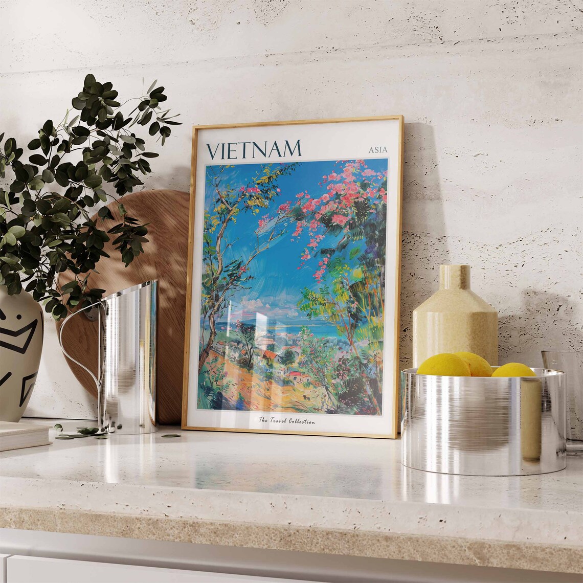 Vietnam Asia Pink Blossom Trees Coastal Village Sea View Poster - Image 3