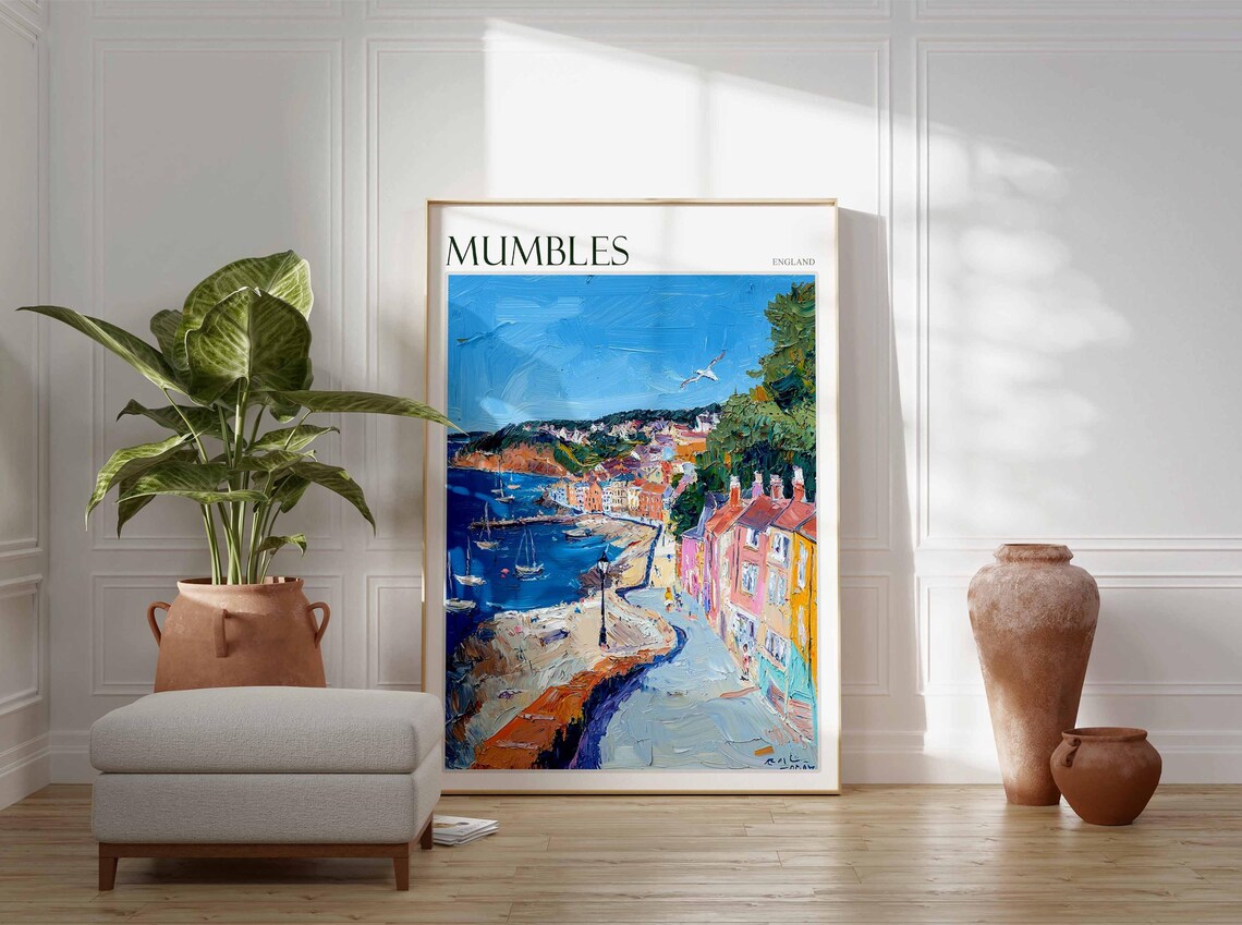 Mumbles Impressionist Harbor Street Sailboats England Travel Poster - Image 3