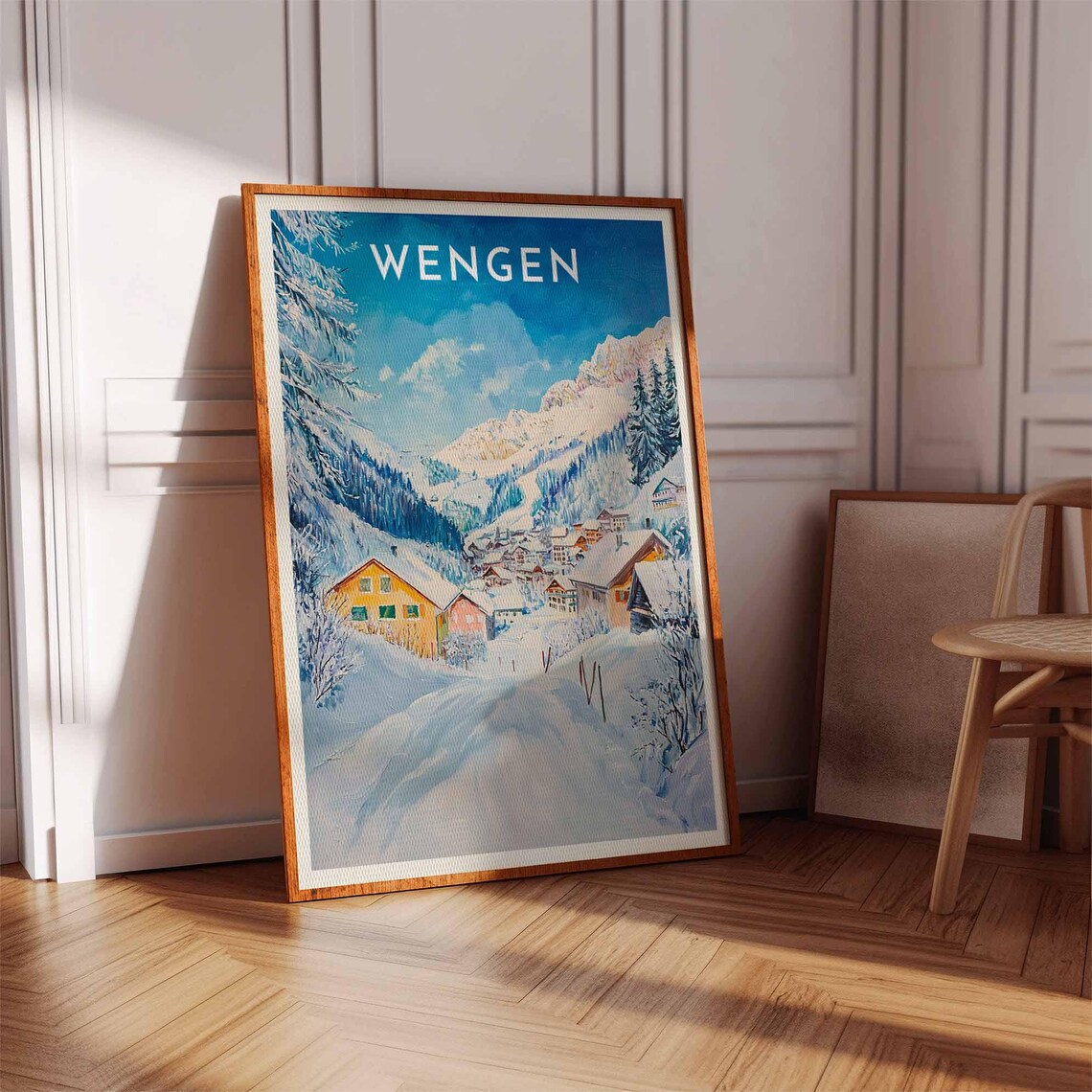 Wengen Switzerland Blue Sky Snowy Village Chalets Travel Poster - Image 3