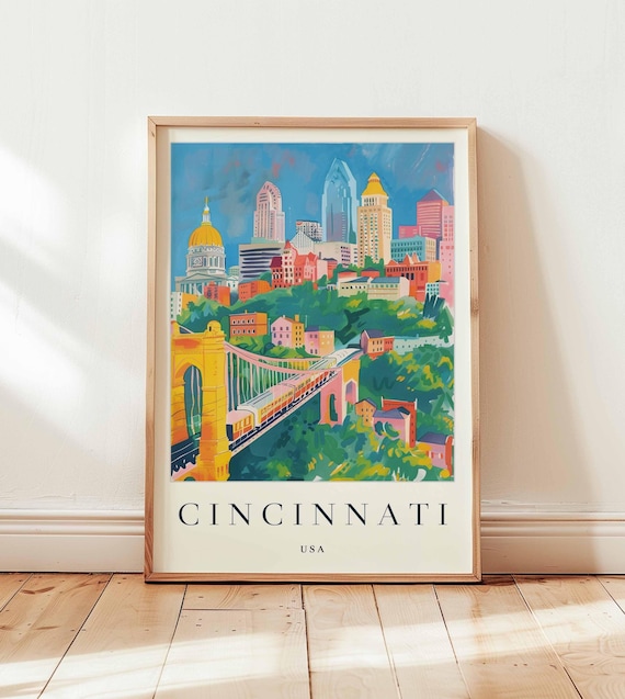 Cincinnati USA Skyline Roebling Bridge Colorful Cityscape Poster