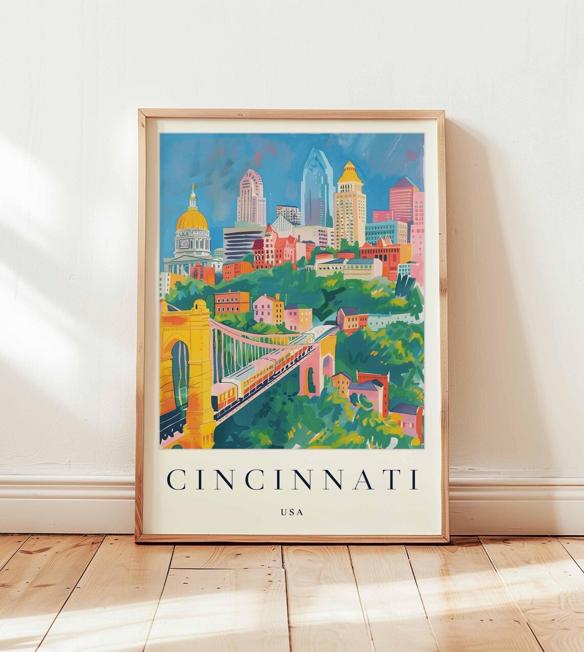 Cincinnati USA Skyline Roebling Bridge Colorful Cityscape Poster