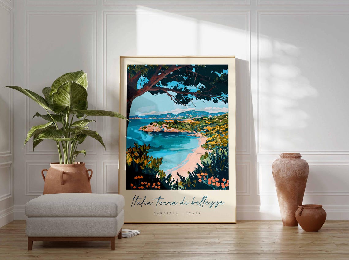 Sardinia Italy Sandy Cove Beach Framed By Pines Retro Travel Poster - Image 3