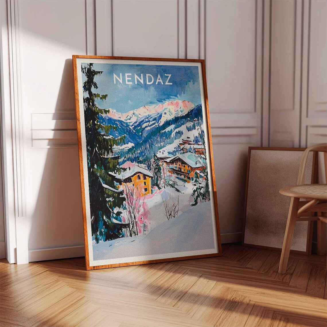Nendaz Switzerland Colorful Village Pines Pink Peak Alpine Travel Poster - Image 3