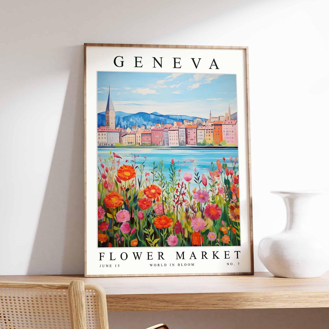 Geneva Flower Market Bold Geraniums Lakeside Town Scene Poster