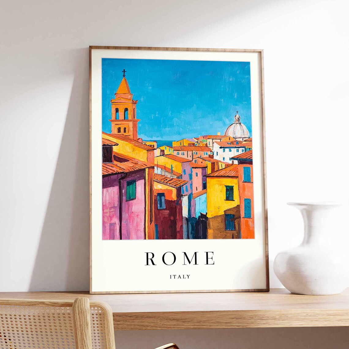 Rome Italy Orange Campanile Above Fauvist Houses Travel Poster