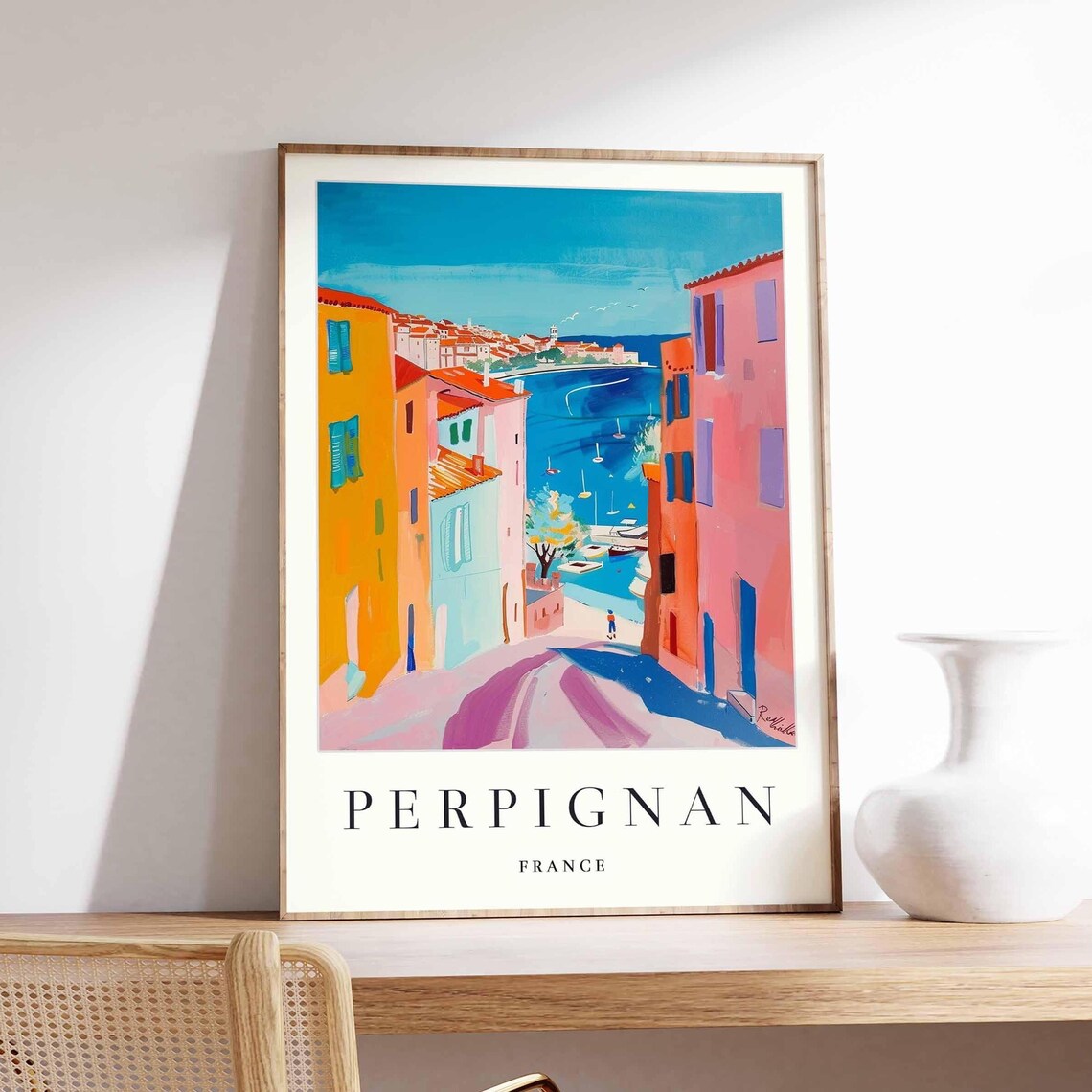 Perpignan France Colorful Alley Street View to Harbor Sailboats Poster