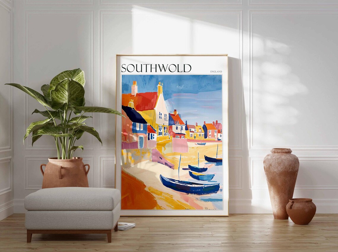 Southwold Blue Boats Beach Colorful Houses Poster England Coast - Image 2