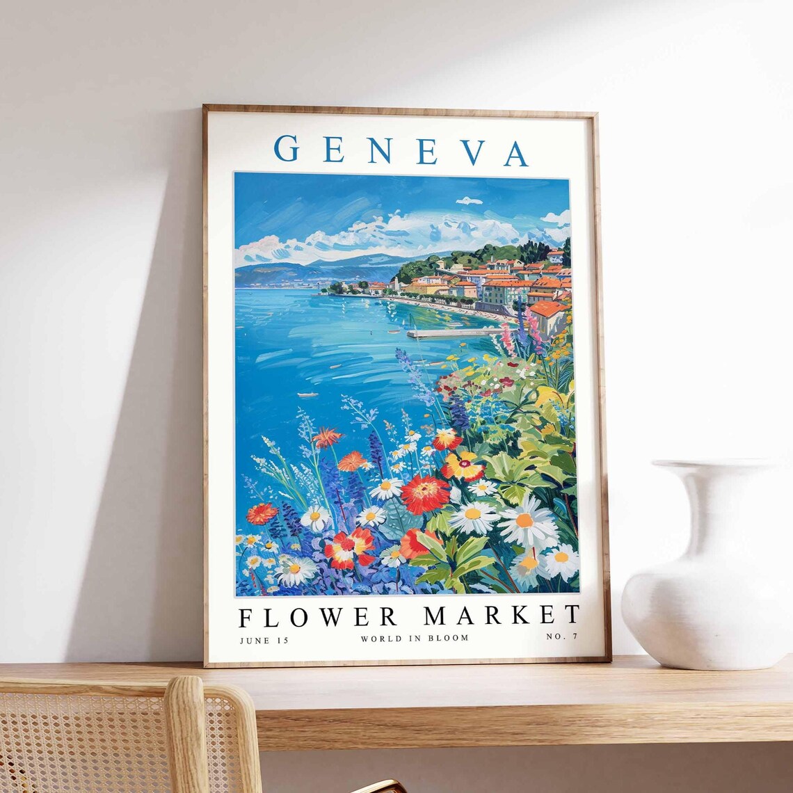 Geneva Flower Market Bay View Sailboats Wildflowers Art Poster